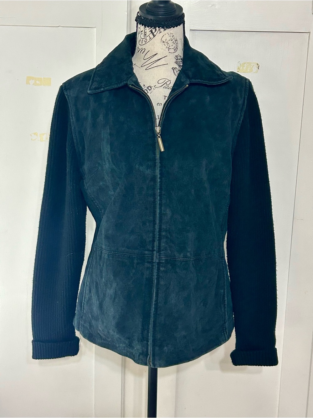Women’s Vintage Fabio Timeless Dark Teal Suede Jacket with Sweater Sleeve Size M